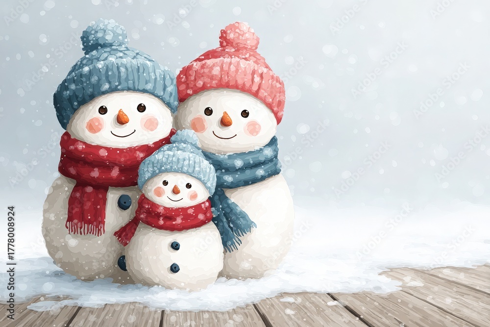 Three snowmen stand in a winter wonderland, each wearing colorful knitted hats and scarves. Snow gently falls around them, creating a cozy holiday atmosphere.