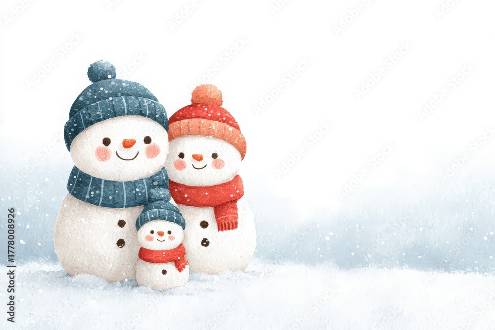 A cheerful snowman family stands together in a snowy landscape, with a big snowman wearing a blue hat, a smaller one in red, and a tiny snowman in green.