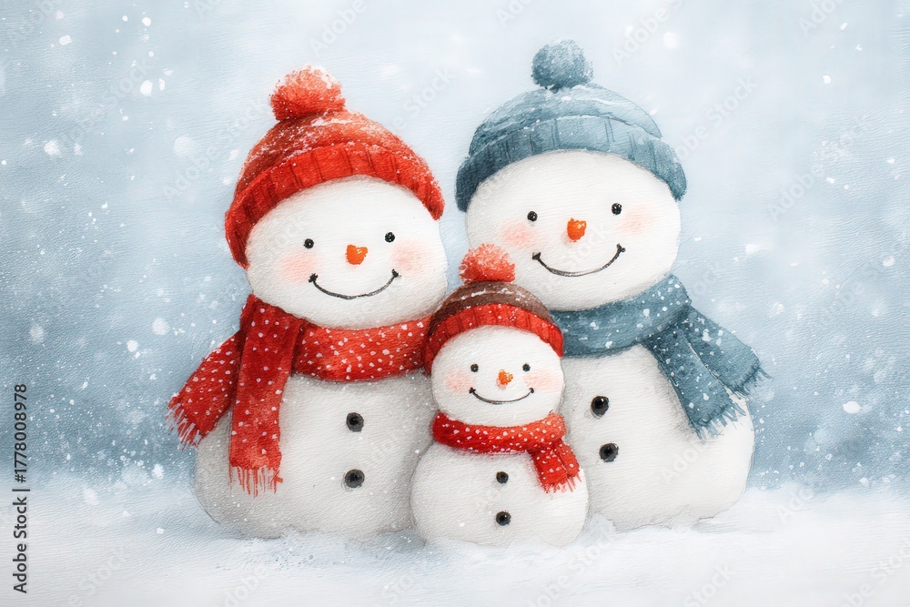 Three adorable snowmen stand together in a snowy landscape, each wearing bright hats and scarves. The largest snowman has a red scarf and hat, while the middle one wears a brown hat and scarf.