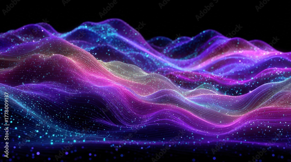 Flowing waves of light in shades of purple and blue create a captivating digital landscape. The soft curves and sparkling dots give the illusion of movement and depth.