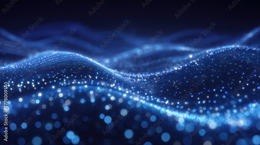 Waves of blue light flow smoothly across the dark background, creating a magical and serene atmosphere. Tiny glowing particles dance within the waves, enhancing the enchanting effect.