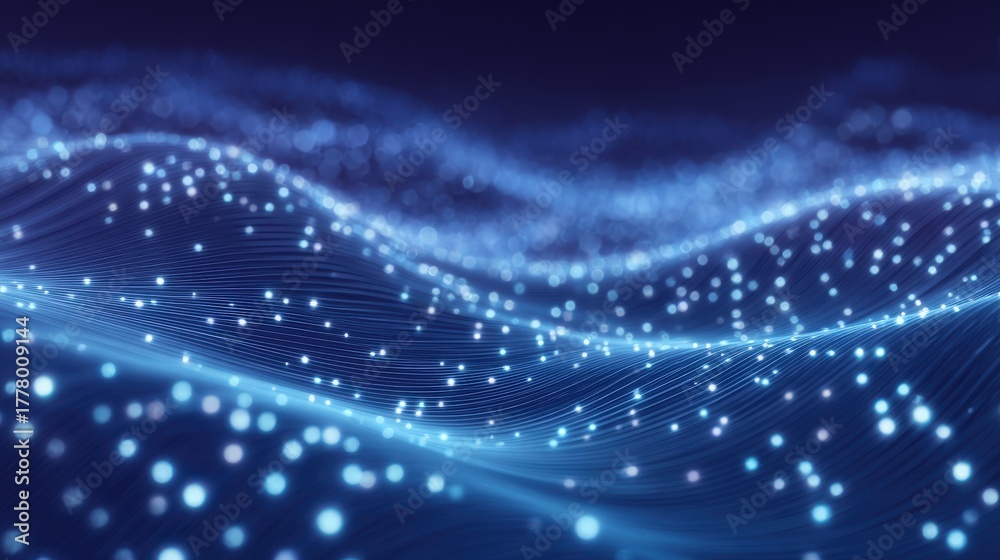 A vast expanse of glowing blue waves undulates softly, creating a calming digital effect. Tiny lights twinkle across the surface, resembling stars in a night sky.