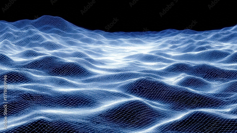 Visual shows a vast expanse of waves created with glowing blue lines. The scene captures a digital landscape that resembles rolling hills or ocean waves, conveying a sense of depth and movement.