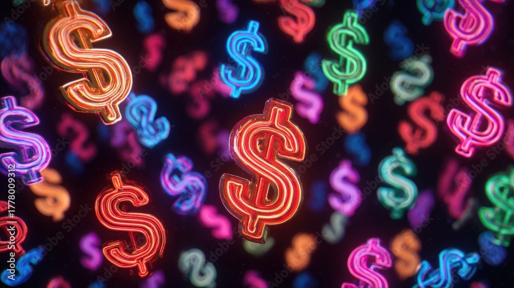Bright neon dollar signs in various colors illuminate a dark background, creating an energetic and lively atmosphere associated with finance and wealth.