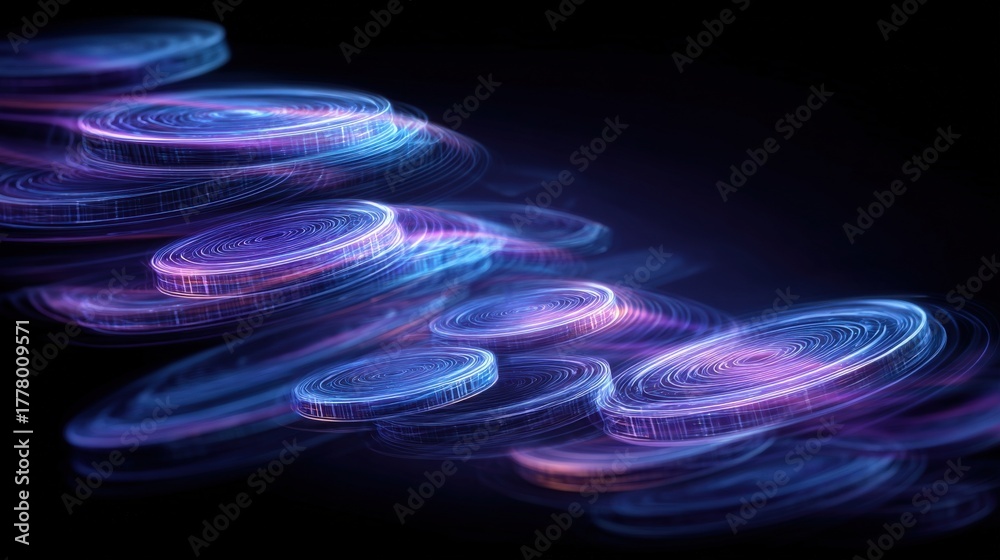 Swirling coins with glowing edges create a mesmerizing pattern against a dark background. The colors shift from blue to purple, showcasing an enchanting and abstract visual appeal.