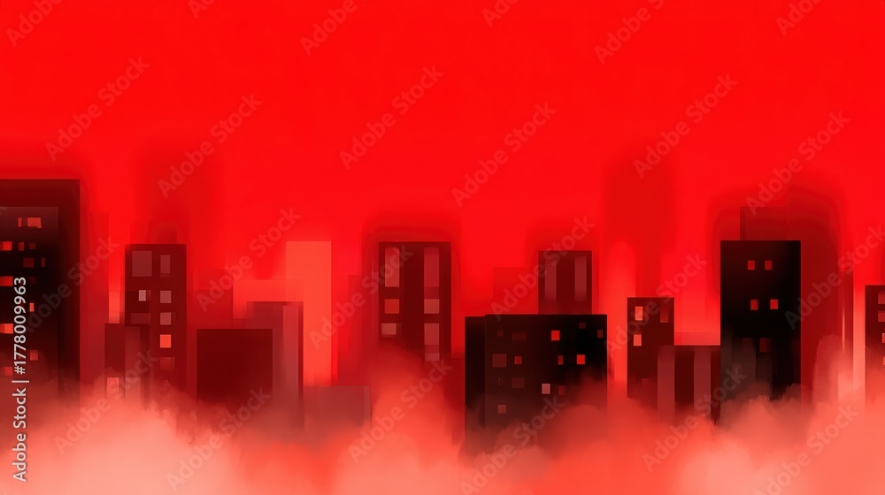 A city skyline appears faintly through a thick red haze, with dark buildings silhouetted against the vibrant sky. The scene captures a surreal, moody atmosphere at dusk.