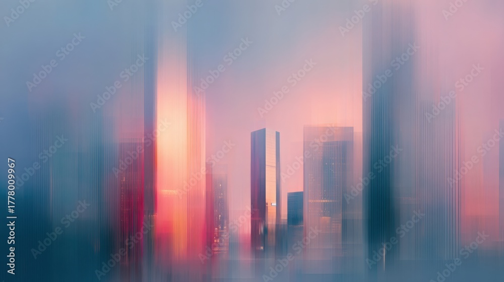 Tall buildings rise above a foggy cityscape at sunset, their silhouettes softened by mist. Warm colors blend in the sky, creating a tranquil and dreamy atmosphere.