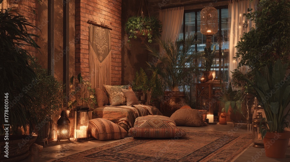 This inviting indoor space features comfortable seating with decorative pillows, plants, and warm lighting creating a serene atmosphere. The brick walls and wooden accents add a rustic charm.