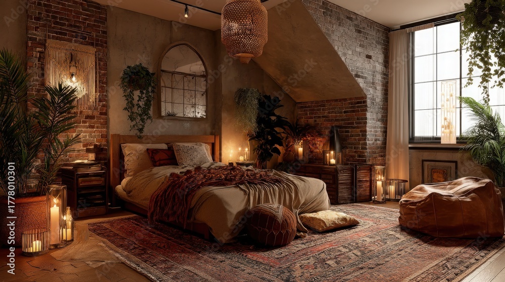 A warm and inviting bedroom features a large bed decorated with soft blankets and pillows. The walls are rustic brick, illuminated by candlelight and decorative plants.
