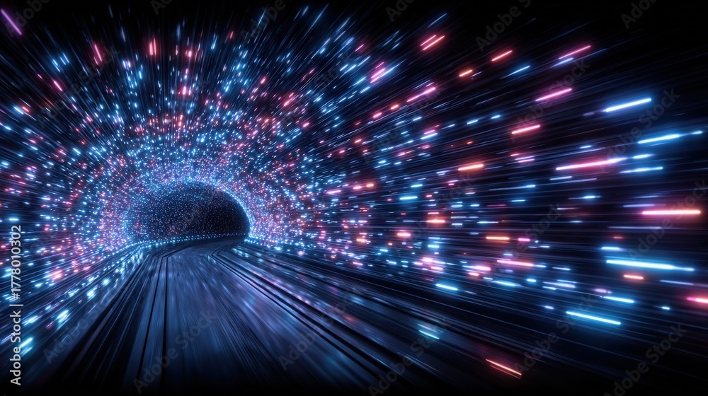 The scene shows a tunnel filled with colorful light streaks of blue and pink, creating a sense of motion and speed. The dark background enhances the bright colors, giving an energetic feel.