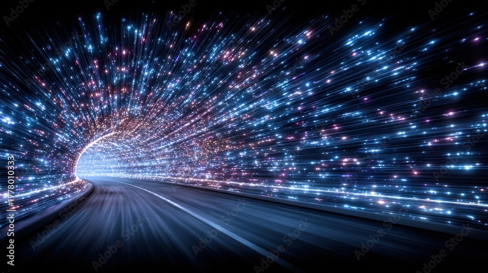A vivid light tunnel stretches ahead on a dark road, filled with blue and pink luminous streaks. The scene gives an illusion of high speed and movement, creating an immersive experience.