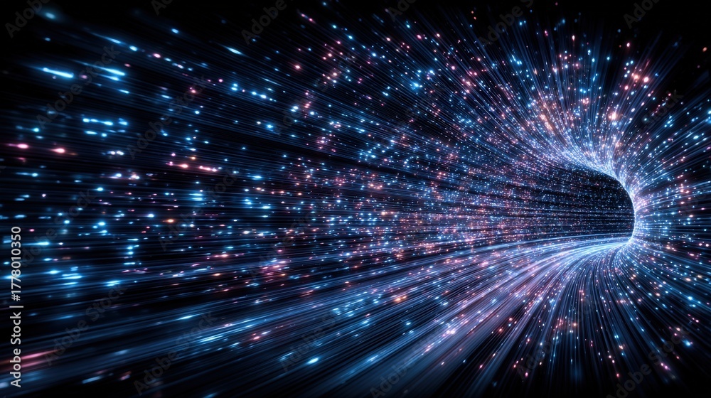 Bright particles move rapidly through a dark tunnel, creating a mesmerizing effect. The tunnel is filled with shades of blue and pink, evoking a sense of speed and depth.