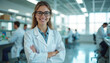 © Maryna - Smiling female scientist poses in laboratory. Attractive woman in glasses and white coat smiles at camera. Medical professionals work in background. Healthcare research or biotech concept.