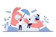 © Flash Vector - Support and care of corporate leader for wellbeing of employees. Giant boss or employer hands holding umbrella over tiny office people to help, protect and keep safe cartoon vector illustration