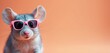 © Maryna - Cute rodent mouse wearing stylish pink sunglasses poses in studio. Funny animal character on orange background. Fashionable concept illustration for design. Modern cartoon character portrait.