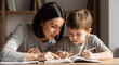 © Running opossum - young woman helping curious child with homework at wooden desk in cozy home interior