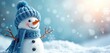 © Maryna - Smiling snowman wears blue knitted hat, warm scarf. Stands in deep snow outdoors. Falling snowflakes create festive winter holiday mood. Bokeh lights glow in bright blue background. Cute character