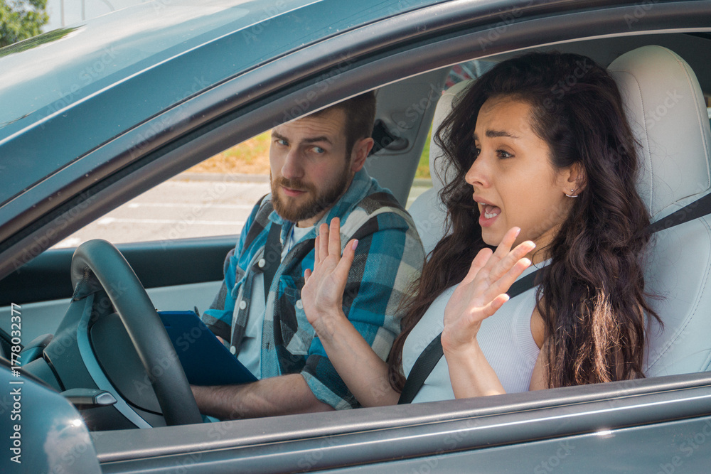 Screaming Train Driver Young woman screaming during driving exam while not keeping hands on ...