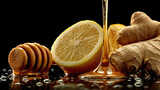 Pouring dripping honey lemon ginger root black background healthy immunity vitamins