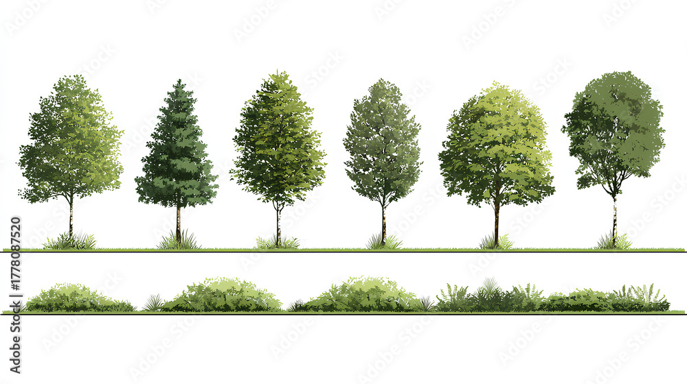 Forst Lineing set of forest line cad, minimal isolated on white background. Ground ...