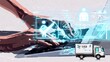 © joeycheung - A person types on a keyboard as glowing digital iconsshowing user profiles and a checkmarkfloat above their hands, symbolizing secure online transactions or logistics tracking. Below, a delivery truck