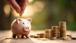 © Keo - A hand holding a coin above a piggy bank with coins stacked in front.