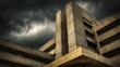 © Keo - A large, modern concrete building with a dark, stormy sky above it.
