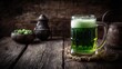 © Keo - A green mug of beer on a rustic wooden table with a wooden barrel and a bowl of green hops in the background.