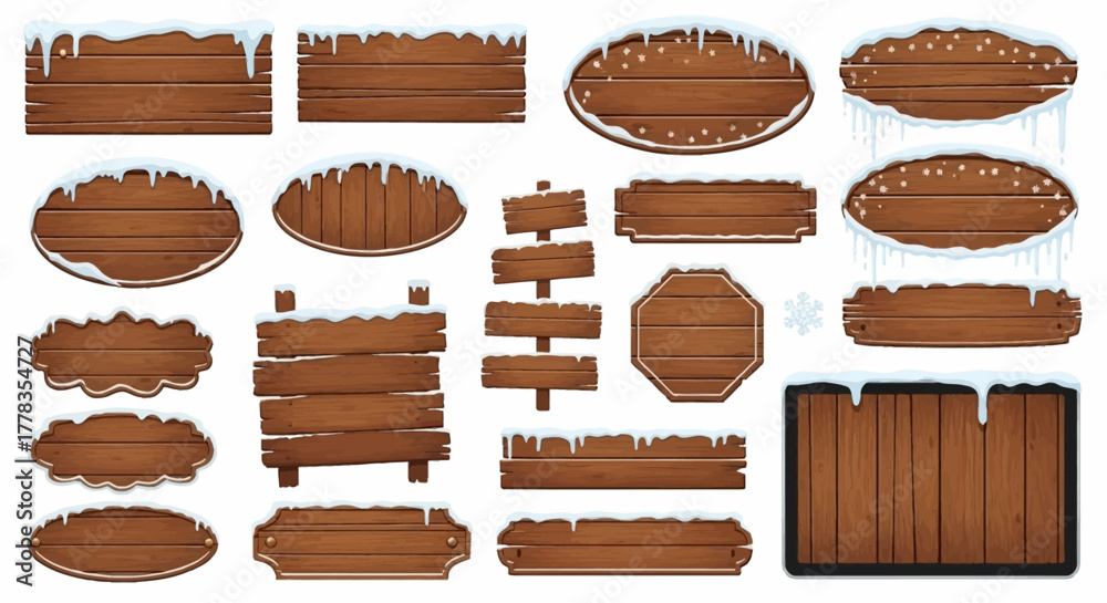 Rustic Sign Ice Set of assorted rustic wooden signs and signboards with snow caps and ...