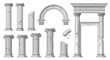 © Avra - A detailed vector illustration set of ancient architectural ruins, featuring cracked stone pillars, columns, and classic arches