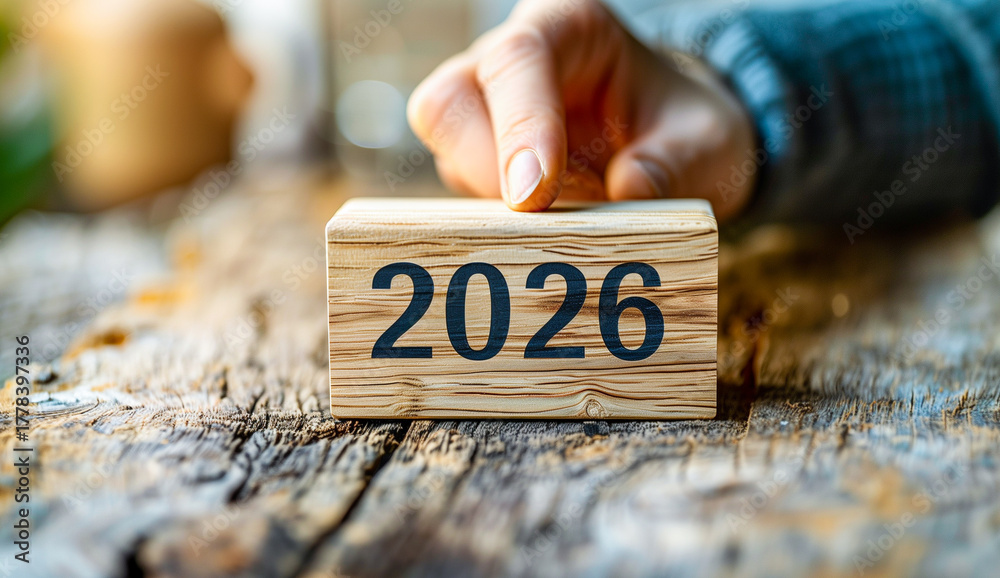 Hand placing wooden block with the year 2026 on a rustic surface Stock ...