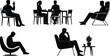 © Musa's Word - Black Silhouettes of Seated People Conversing, Gesturing, Thinking, Relaxing, and Expressing Emotions in Modern Chairs – Vector Clipart Style