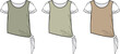 © Sumaiya - Fashion technical flat sketch of a women's layered top with a side tie-knot detail, shown in three different color variations for apparel design