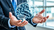 © miracle - Business professional holding a glowing digital brain, representing artificial intelligence and innovation in technology