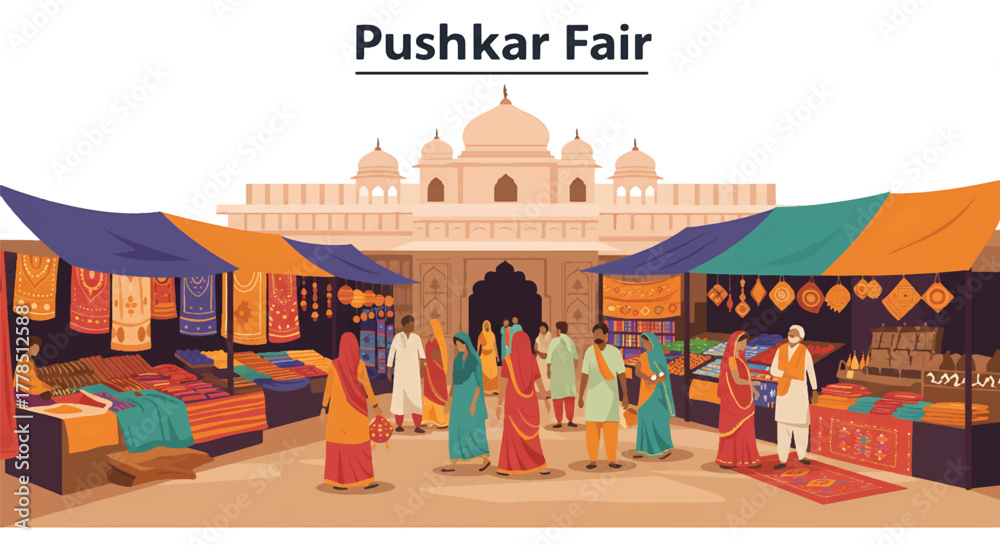Illustration of people shopping at colorful stalls with a temple in the ...