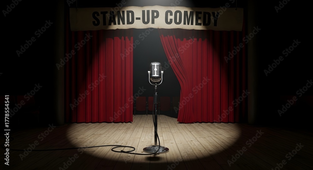 Stand-up comedy stage with spotlight on microphone for performance ...