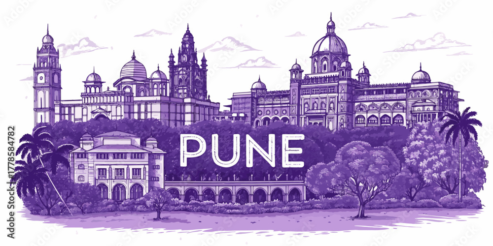 Pune Skyline Sketch with Cultural Landmarks for Tourism – Hand-Drawn ...