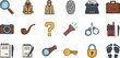 © Mep - A colorful set of hand-drawn doodle icons related to detective work and investigation.