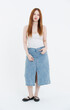 © Bangkok Click Studio - Studio portrait of asian beautiful young woman in white tank top, denim skirt, black flats posing smile on white background, minimal fashion style casual outfit lifestyle clothing advertising concept.