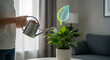 © Kudrat - A person waters a healthy green potted plant with a watering can, while a glowing holographic leaf symbol hovers above, representing ecofriendly technology, sustainability, and smart home gardening