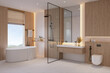 © LEKSTOCK 3D - Modern minimalist bathroom interior with wooden wall panels, white freestanding bathtub, and large window. Bright natural light creates a warm and cozy atmosphere.3drender