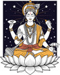 © shila raut - Lord Vishnu Meditating on Lotus Flower Against Night Sky with Stars - Hindu God Illustration for Spiritual Practice, Religious Festival, Meditation, Yoga, Eastern Culture, Mythology, Divinity