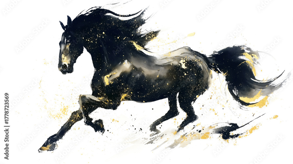 水墨画風の駆け巡るリアルめな馬_透過素材 Stock Illustration | Adobe