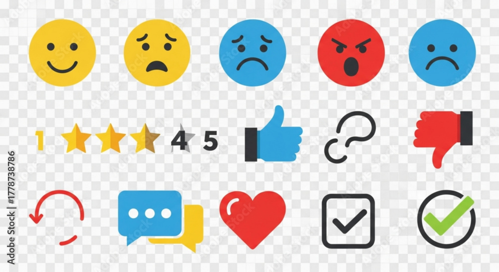 Illustration showing various feedback icons including emoticons stars ...