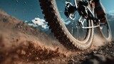 Mountain bike tire splashing dirt on a challenging trail