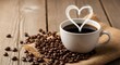 © Eko - Cozy Morning Coffee Break Aromatic Hot Beverage Steaming in a Heart Shape on a Rustic Wooden Table with Roasted Beans