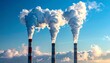 © wanna - Industrial pollution smoke and steam from a factory chimney pipe drifts into the blue sky, symbolizing environmental smog and global warming