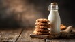 © fivan - A stack of cookies and milk bottle on rustic cutting board