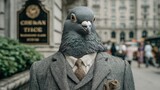 A pigeon with a tweed suit and tie strikes a pose, adding a touch of whimsy to the urban environment, showcasing the unexpected charm and character