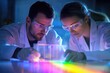 © Imagehub - Two scientists in lab coats and safety goggles intently observe a vibrant, multi-colored light experiment in a dark laboratory, symbolizing scientific discovery.